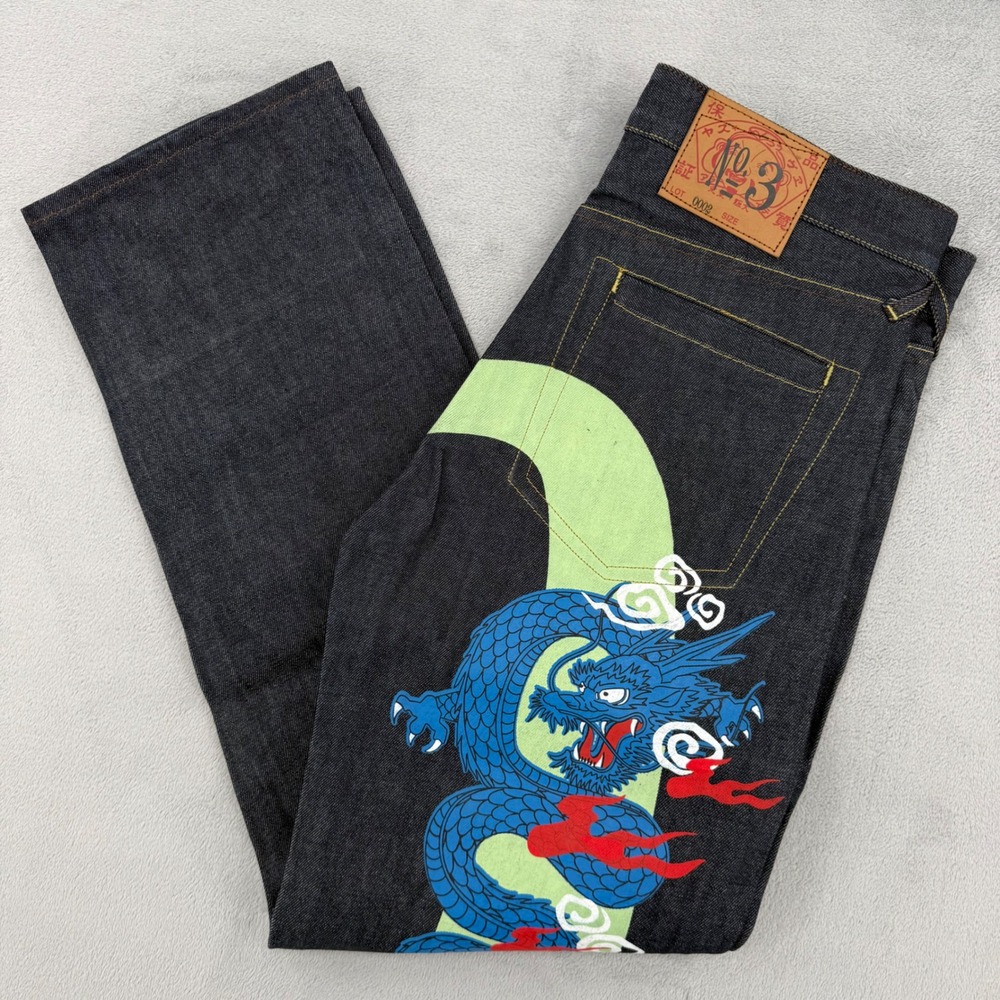 Evisu No 3 Mens Dark Wash Dragon Graphic Jeans Blue Green Japan Size 30